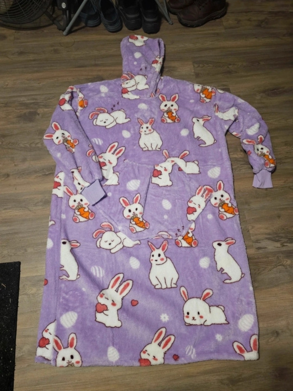 Full Length Plush Hooded Blanket Purple Bunny Print